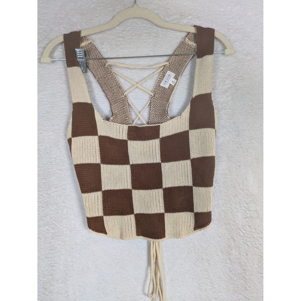 Le Lis Knit Tank Top Women's Medium Brown Cream Checkered Lace Up Back
